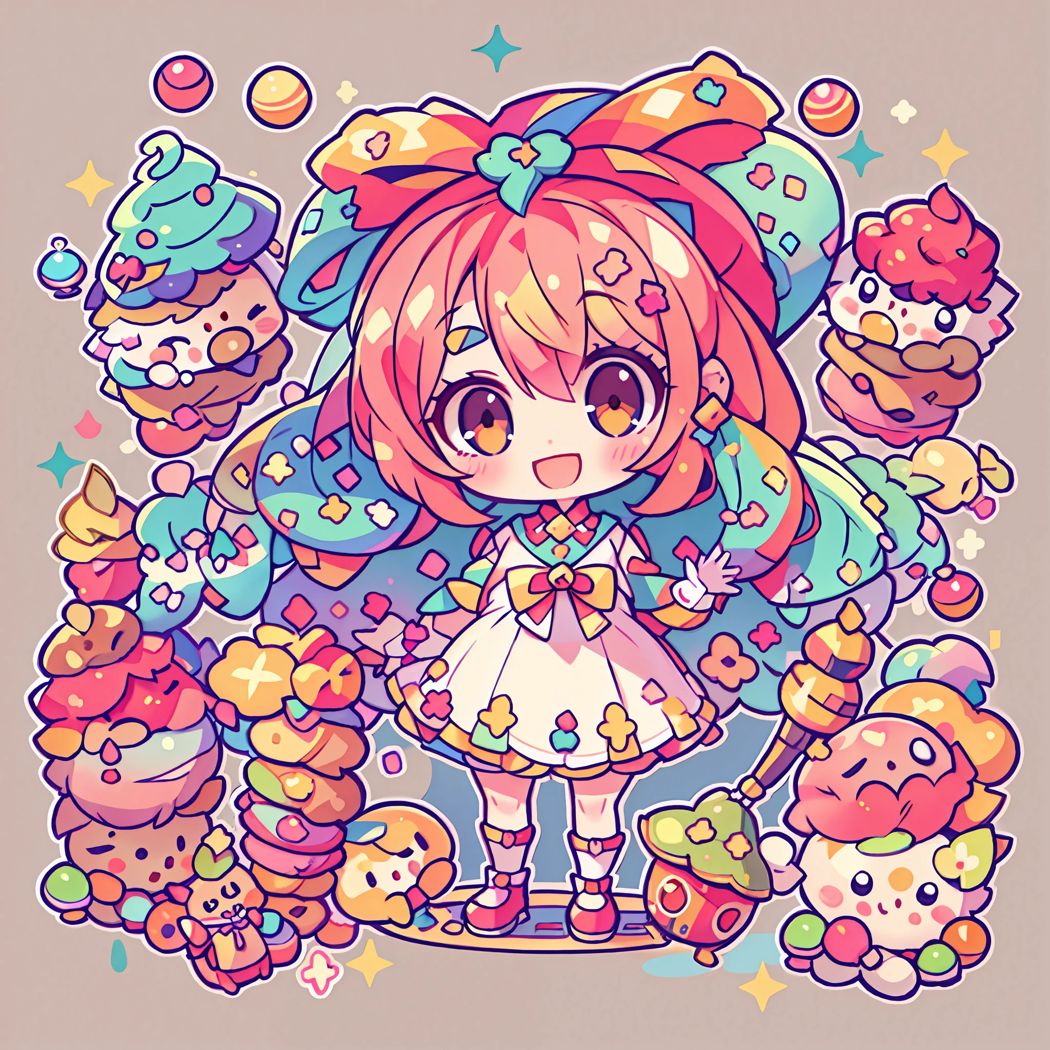 Garota ,sorrindo , corpo detalhado , cabelo colorido , roupa kawaii , fundo simples com alguns doces ao redor da garota