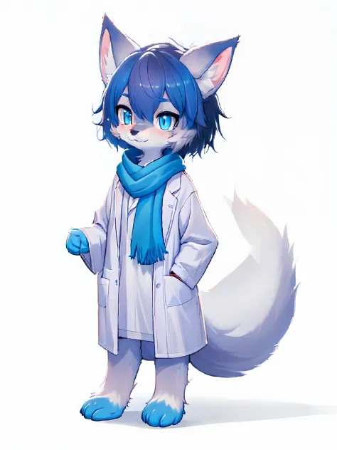 Anime character with arctic fox ears wearing a lab coat and blue scarf,Arctic fox beauty in lab coat, fursona commission, Fox sc...