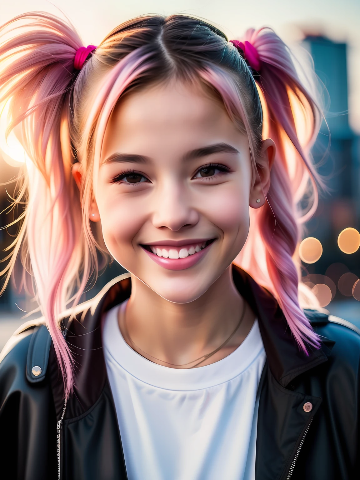 Portraitfoto eines jungen Mädchens, (Lachen:0.7), rosa Pferdeschwanz Haare, komplexer stadthintergrund, Hintergrundbeleuchtung, (filmisch:1.5), realistisch, hyperdetailliert, verrückte Details, komplizierte Details, Akzentbeleuchtung, weiches volumetrisches Licht, bokeh, (dramatisches Licht:1.2), (neutrale Farben:1.3), Kreuzprozess