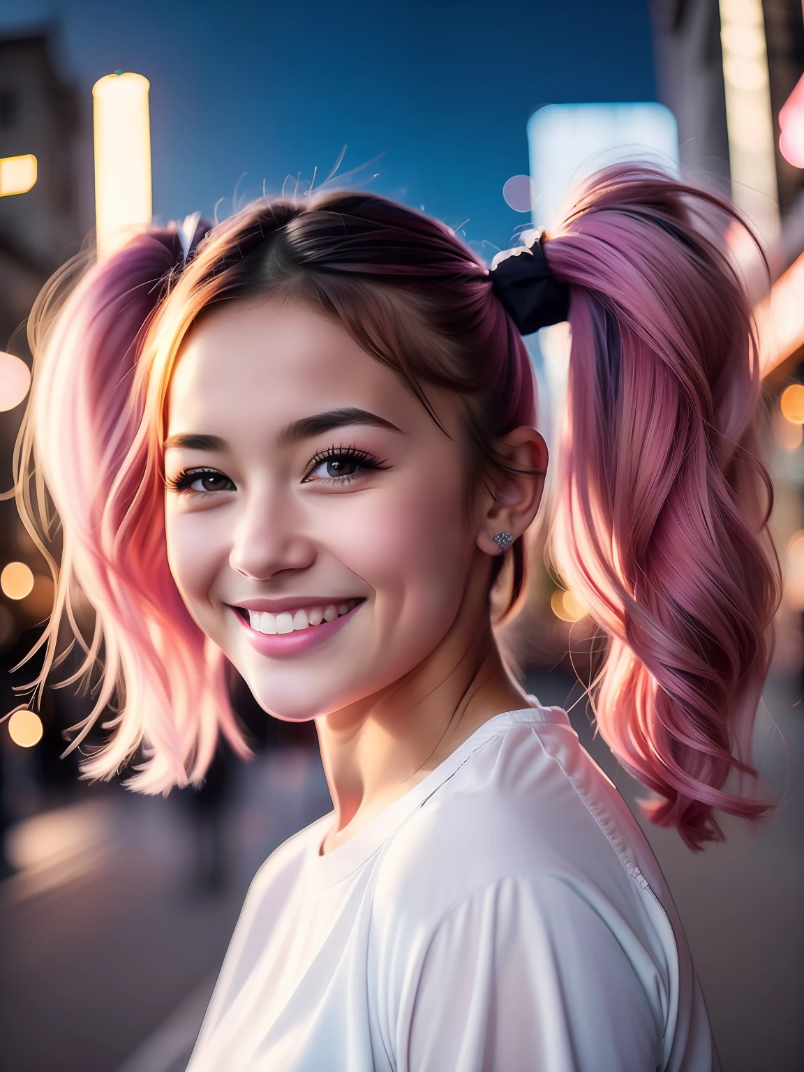 Portraitfoto eines jungen Mädchens, (Lachen:0.7), rosa Pferdeschwanz Haare, komplexer stadthintergrund, Hintergrundbeleuchtung, (filmisch:1.5), realistisch, hyperdetailliert, verrückte Details, komplizierte Details, Akzentbeleuchtung, weiches volumetrisches Licht, bokeh, (dramatisches Licht:1.2), (neutrale Farben:1.3), Kreuzprozess