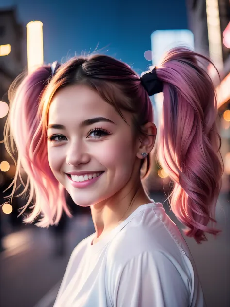Portrait photo of a young girl, (laughing:0.7), pink ponytails hair, complex city background, backlit, (cinematic:1.5), epic rea...