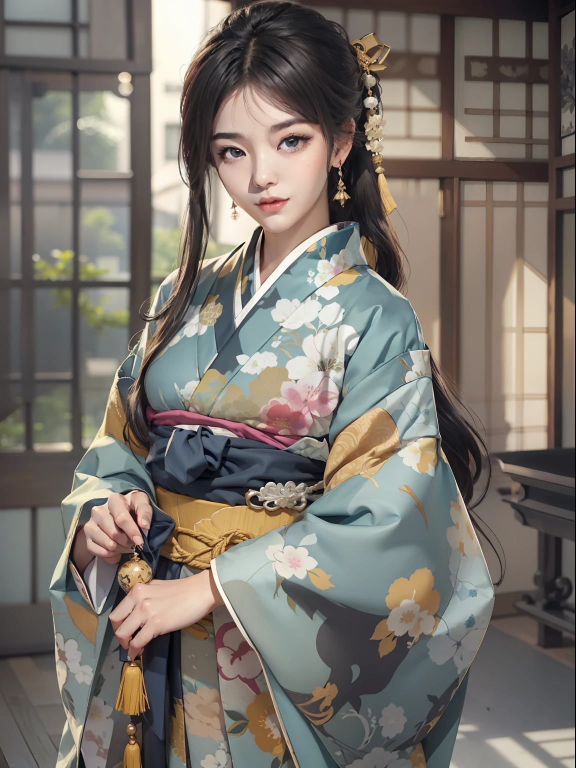 fille mûre、Une dame japonaise、longs cheveux noirs、N&#39;attachez pas vos cheveux en arrière、pas de queue de cheval、Un léger sourire、Aux cheveux noirs、Kimono japonais coloré、Nishijin Ori、Des yeux délicats et intelligents、maisons japonaises、HanFu damassé complexe、Accessoires de luxe、champ de vision、F1.8、chef d&#39;oeuvre、scènes complexes、Portrait en diagonale、