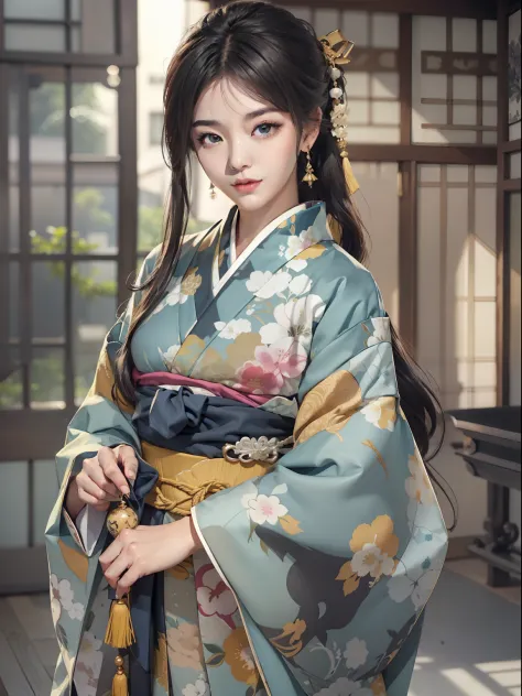 Mature girl、A Japanese Lady、Long Black Hair、Do not tie your hair back、No ponytail、A slight smile、Black-haired、Colorful Japan kimono、Nishijin Ori、Delicate and smart eyes、Japanese houses、intricate damask hanfu、Luxury accessories、FOV、F1.8、​masterpiece、complex...