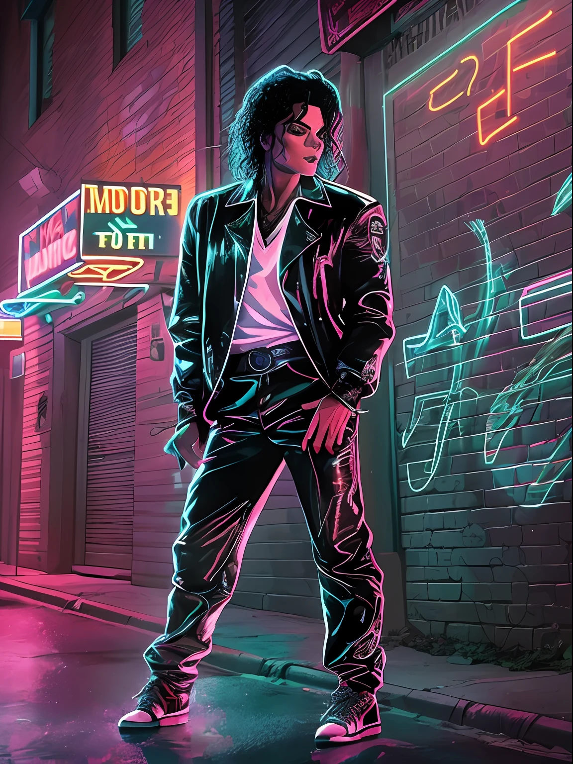 A stylized image of Michael Jackson in his iconic outfit from the Billie Jean music video, standing on a glowing sidewalk in a dark alleyway, surrounded by shadows and neon lights. Michael Jackson appears in the image, wearing his iconic outfit from the Billie Jean music video. He stands on a glowing sidewalk in a dark alleyway, surrounded by shadows and neon lights. The image is stylized, with bold lines and vibrant colors that capture the energy and mood of the music video