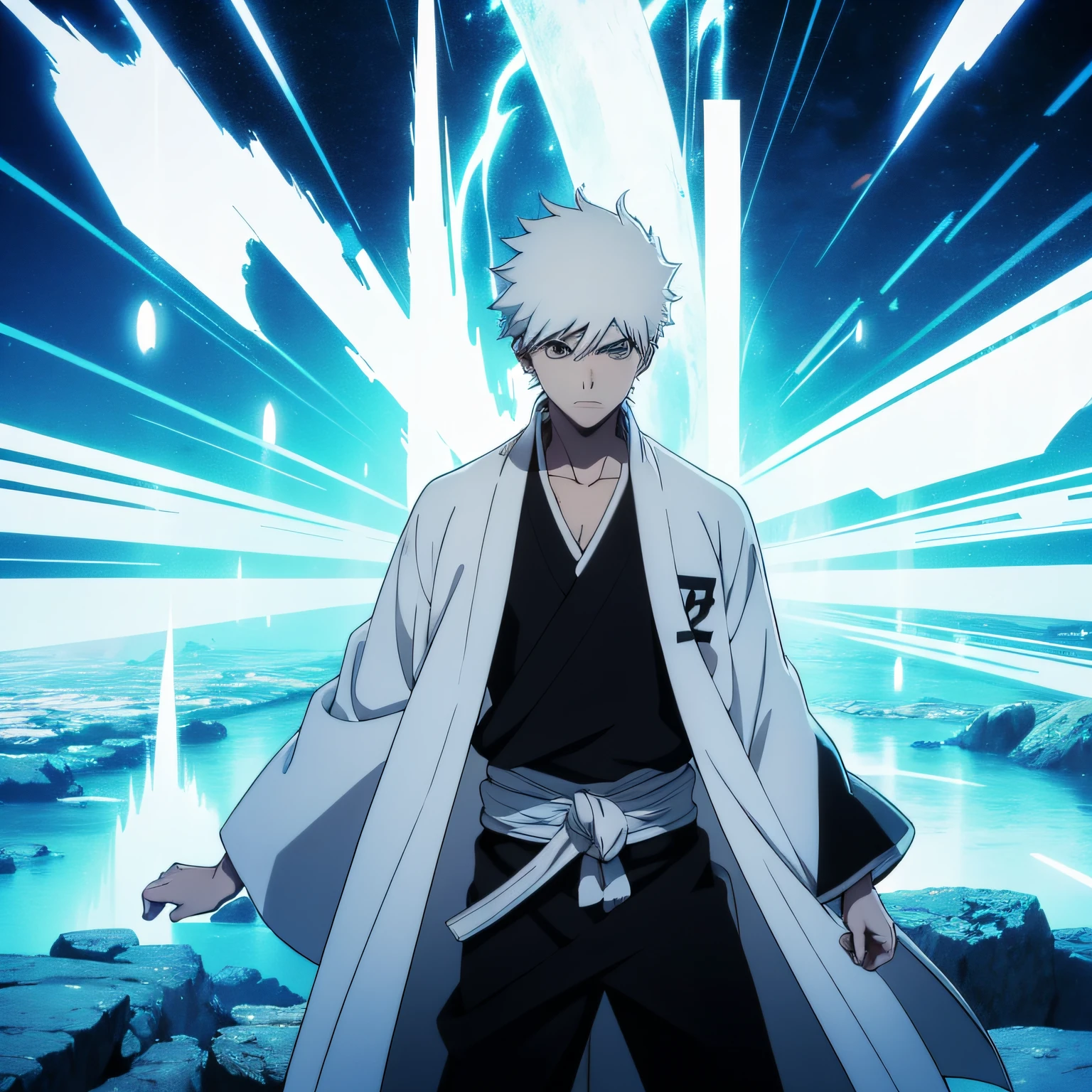 um jovem de cabelos laranja, confident expression, alto e forte, casaco branco, black handles, segurando uma espada gigante irradiando poder, ataque iminente, postura de luta, traje de luta, estilo bleach, Melhor Design de Personagens de Anime, animes style, Boy from anime manga, Shonen, Epic anime style, cinematic lighthing, Epic composition, rosto detalhado, olhos detalhados, extremamente detalhado.