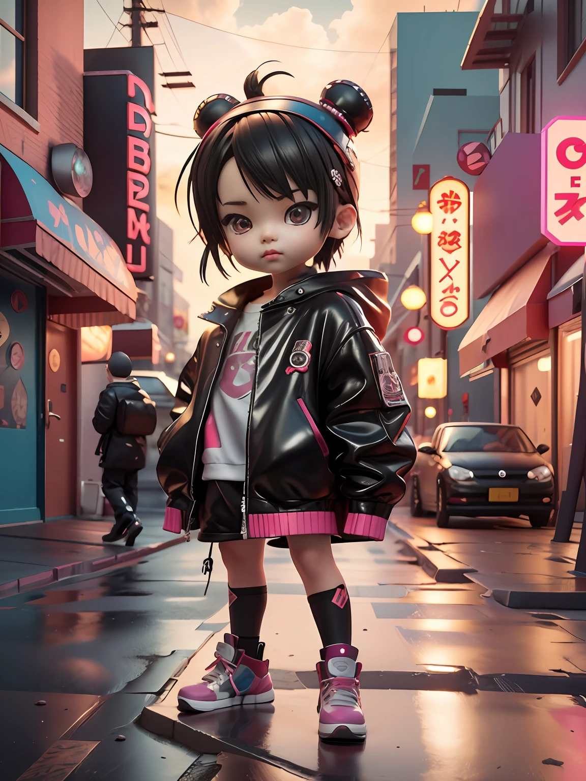 jouet 3D, Rendu 3D, PI, style cyberpunk, chibi, Mignon petit garçon, masque, fond simple, Meilleure qualité, c4d, mixeur, modèle 3D, jouets, Couleurs vives, style de rue, haute résolution, beaucoup de détails, Pixar, couleurs de bonbons, Grandes chaussures, tendances de la mode, art