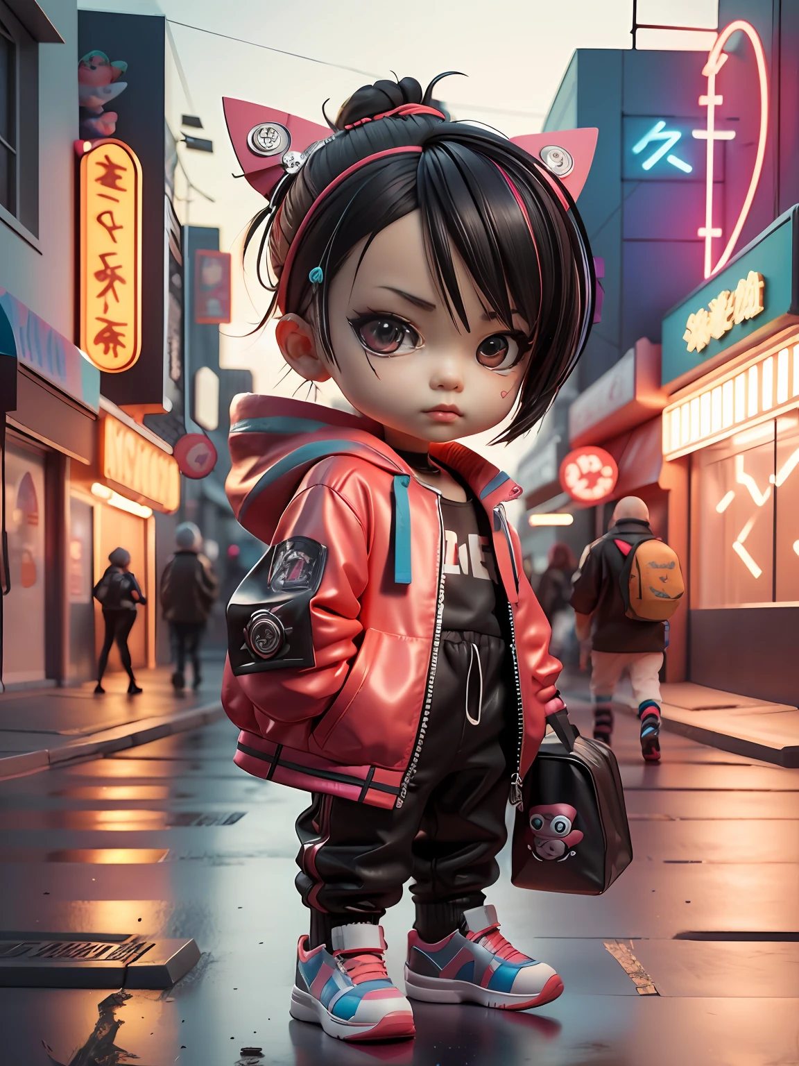 3d toy, 3d rendering, ip, cyberpunk style, chibi, cute little boy, mask, simple background, best quality, c4d, blender, 3D MODEL, TOYS, VIVID COLORS, STREET STYLE, HIGH RESOLUTION, A LOT OF DETAILS, PIXAR, CANDY COLORS, BIG SHOES, FASHION TRENDS, ART