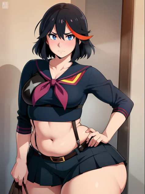 ((kipteitei art)), ((masterpiece)), (((best quality))), ((ultra-detailed)), (((illustration))), detailed face, ultra cute face, detailed body, ((1girl)), ((solo)), matoi_ryuuko:1.3, blush, embarrassed, black hair, fluffy hair, suspenders, multicolored hair...