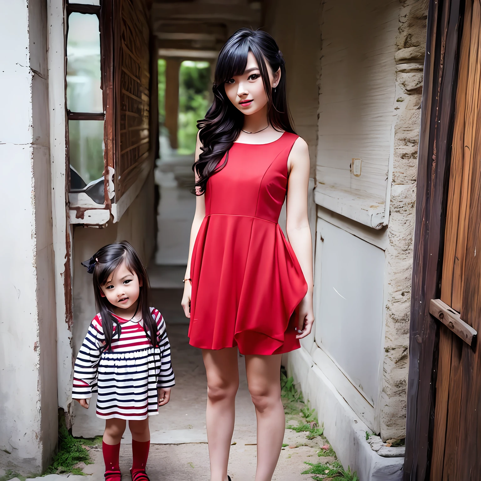 woman, Wearing red dress, standing with child the house, beautiful face, perfect face, red nails, smile, full body, black long hair, beautiful eyes, masterpiece, best quality, photorealistic