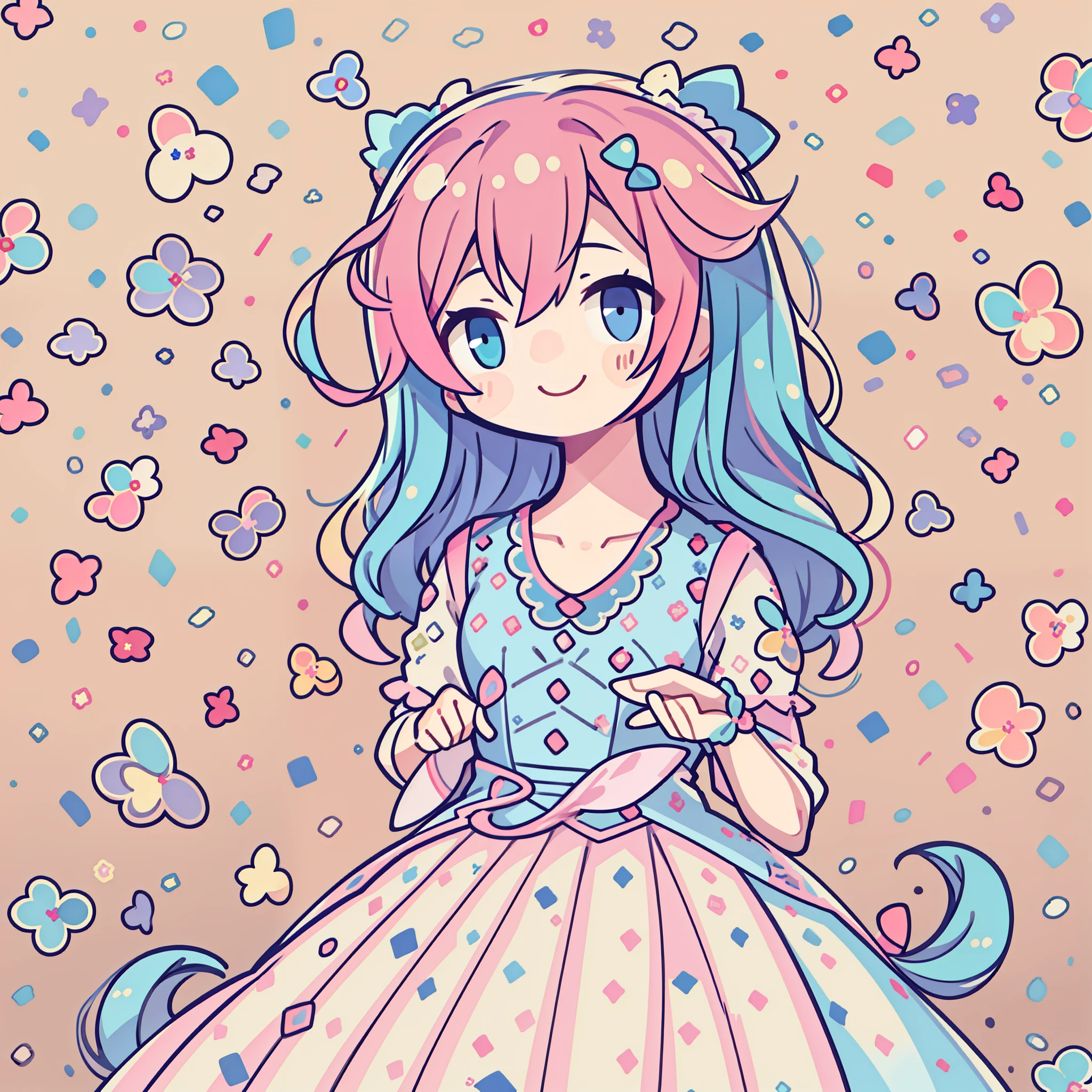 A girl ,fly away , pink and blue detailed hair, two colors in hair, a kawaii dress, kawaii background, detailed back ground, girl smiling