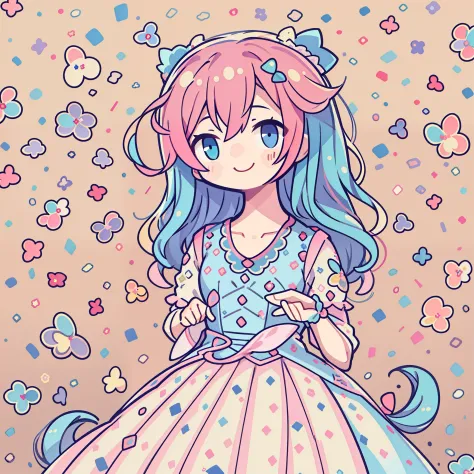 Uma garota ,fofa , cabelo detalhado rosa e azul, duas cores no cabelo, um vestido kawaii, fundo kawaii, fundo detalhado, garota ...