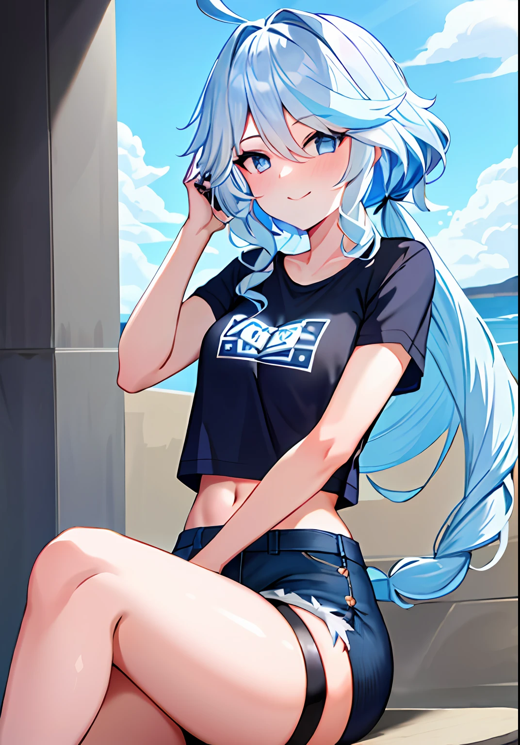 (masterpiece, best quality, ultra-detailed), focalors \(genshin impact\), (blue sea hair), cone hair bun, twin tails, long hair, swept bangs, braid, braided bangs, blue eyes, blue eyes,
(wearing a t-shirt:1.2), sitting on a chair outside of caf, embracing the natural beauty, sunlight, beautiful cloudy sky, city, street, denim shorts, black stocking,
medium breasts, thick thighs, critical angle, cowboy shot, arm behind head, arm behind back, armpits, light smile, crop top, strong and seductive expressions,,