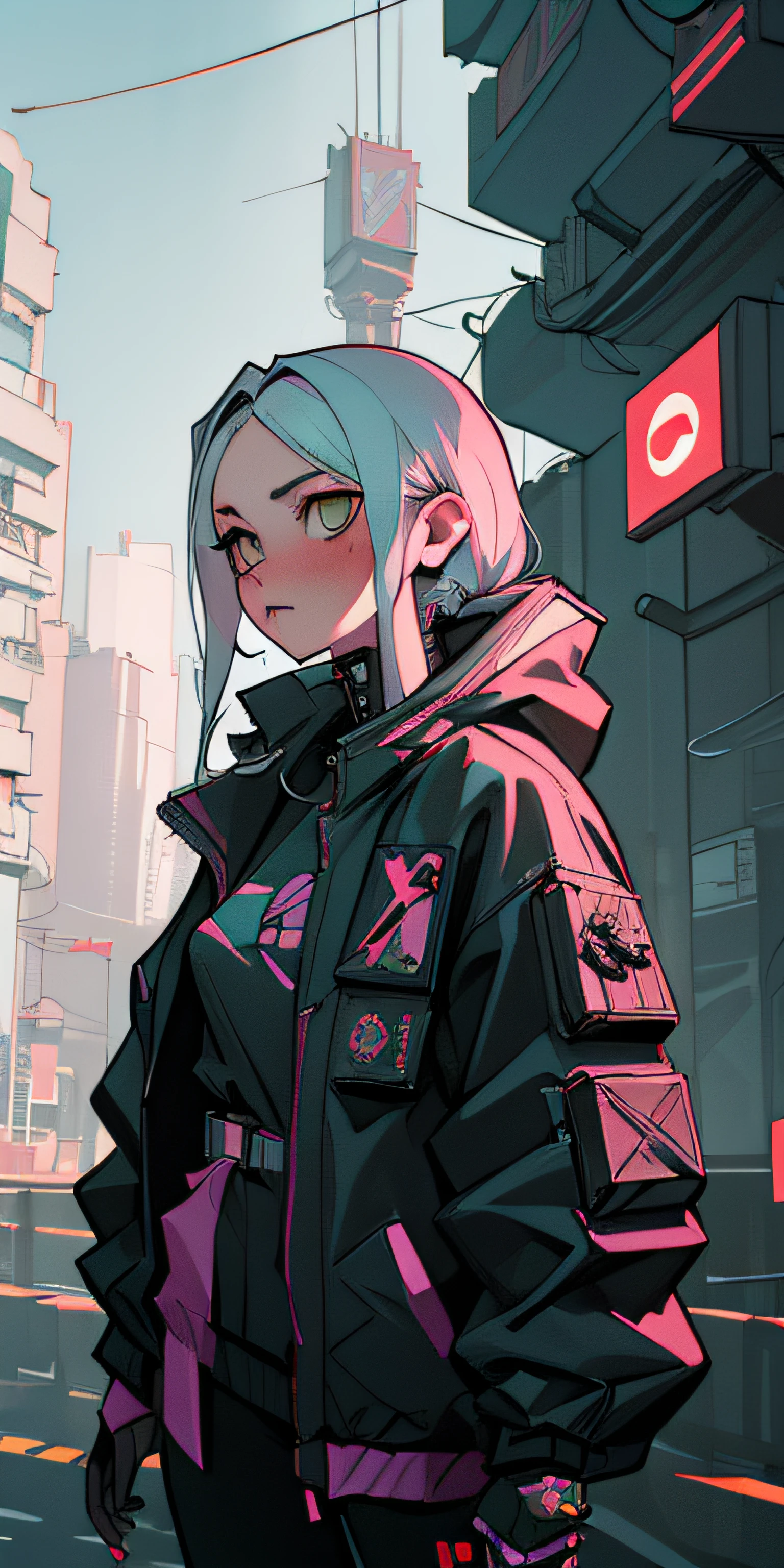 A woman in a black jacket and pink jacket standing on a city street -  SeaArt AI