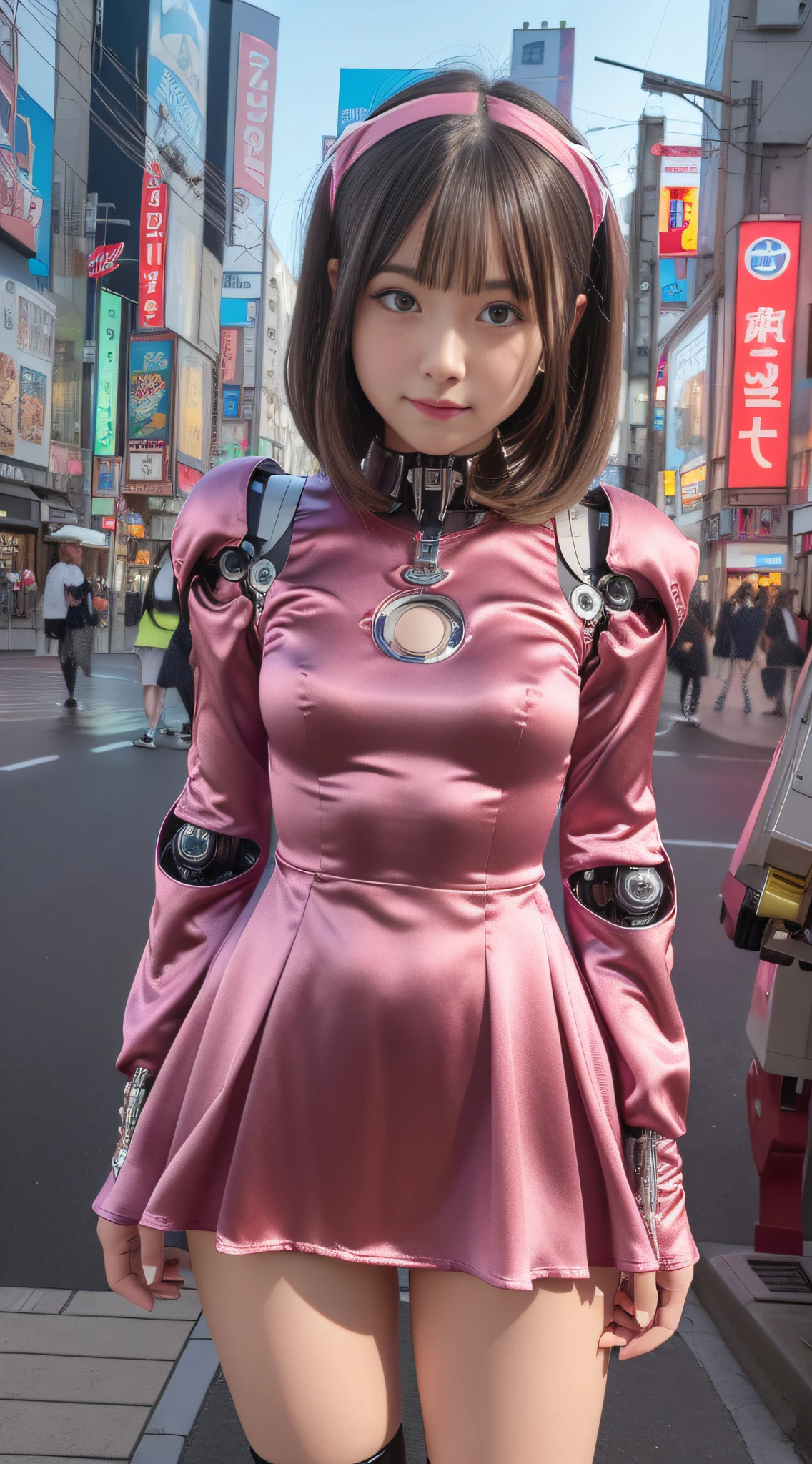 (Photorealsitic:1.4)、Onegirl、(top-quality),(hyperdetailed face)、(Super well-formed face)、((Robot Parts))、(Cyborg girl)、(Burgundy)、(metalic)、(fullllbody)、(Moe Pose)、(Slender body)、(tits out)、(Model body type)、(mecha exposure)、(akihabara)、(is looking at the camera)、(A dark-haired)、(９Head and body)、(a small face)、(Idol)、(front facing)、(is standing)、(Photo session)、(Looks sad)、(Cyborg girl in pink satin dress)、(sleeve less)、(a miniskirt)