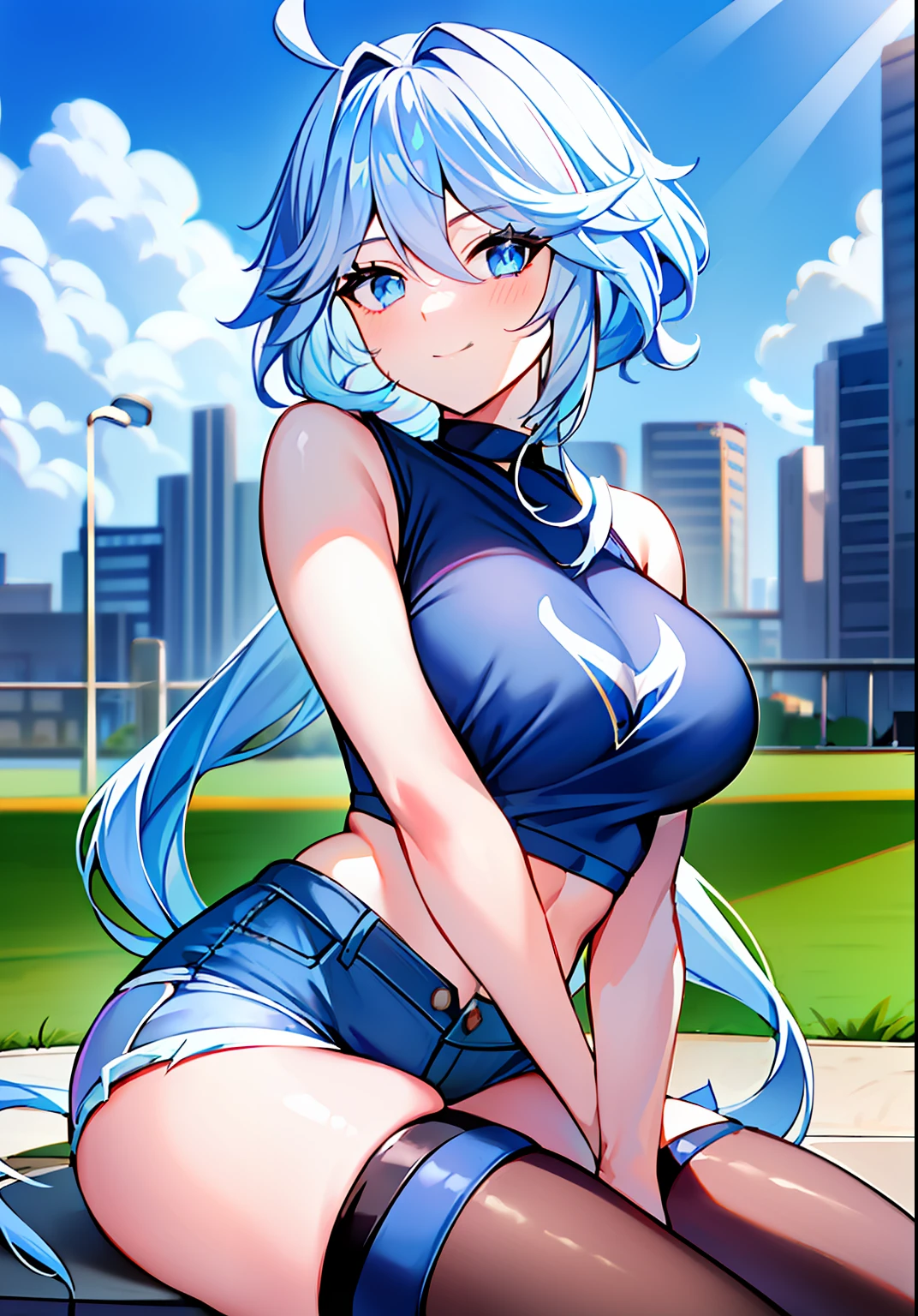 (masterpiece, best quality, ultra-detailed), focalors \(genshin impact\), (blue sea hair), cone hair bun, twin tails, long hair, swept bangs, braid, braided bangs, blue eyes, blue eyes,
(wearing a t-shirt:1.2), sitting on a chair outside of caf, embracing the natural beauty, sunlight, beautiful cloudy sky, city, street, denim shorts, black stocking,
medium breasts, thick thighs, critical angle, cowboy shot, arm behind head, arm behind back, armpits, light smile, crop top, strong and seductive expressions,,