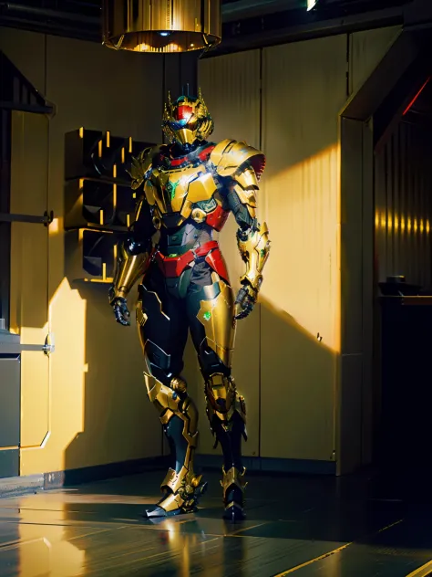 golden armour，Red mechanical compound eyes，Broad-shouldered armor，Metal belt，Full body mecha，Green decoration，red color eyes，Hug...