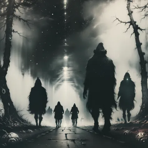 Zombies walking towards a Light on a dark and foggy road, coruja seguindo a caminhada