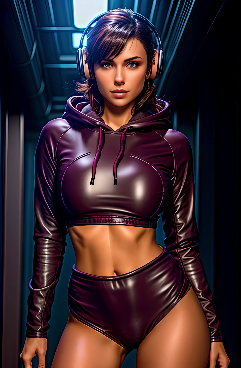 dark brown haired gamer girl leaning into the camera, photo from front above, dark red hoodie, large leather gamer headphones, medium breasts, skintight black top:1.2, cleavage, purple bra:1.2, looking at viewer, soft colors, cinematic lighting, perfect anatomy:1.2, round breasts:1.2, well-organized, neat:1.2, perfect proportions, smooth clothes