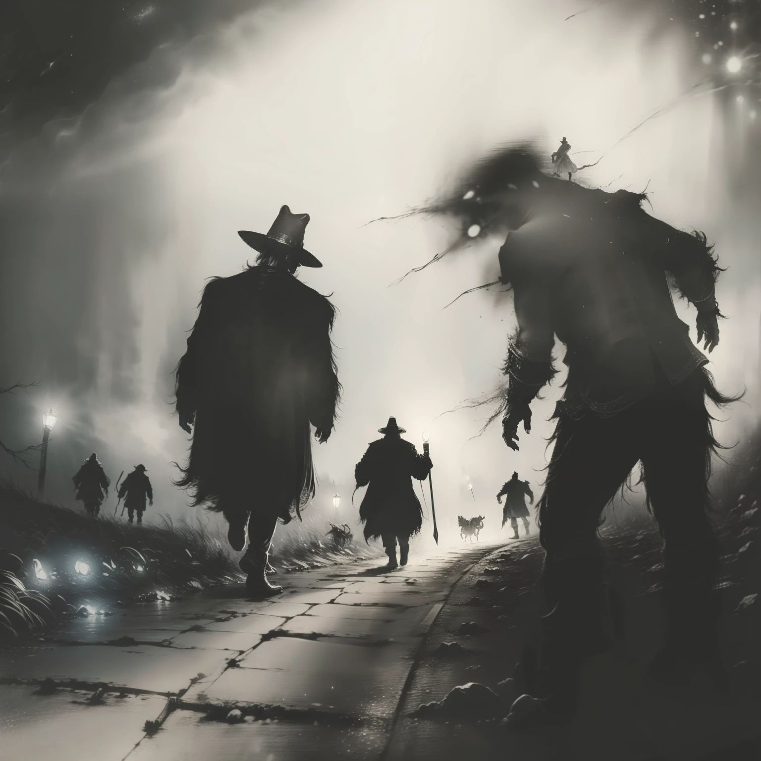 Zombies laufen auf einer dunklen und nebligen Straße auf ein Licht zu, Eule folgt dem Spaziergang, Ein Mann mit Hut und Stock in der Ecke