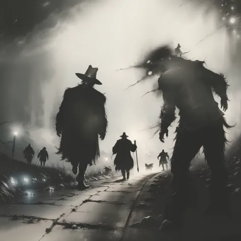 Zombies walking towards a light on a dark and foggy road, coruja seguindo a caminhada, A man in a hat and a cane in the corner