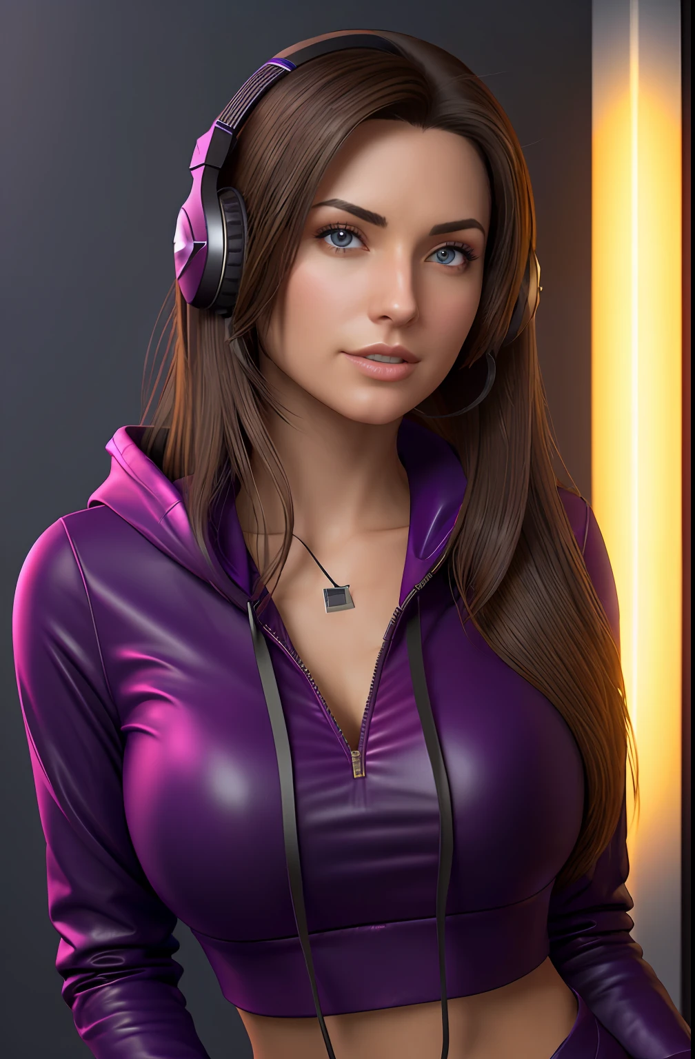 long straight dark brown haired gamer girl leaning into the camera, photo from front above, dark red hoodie, straight hair, large leather gamer headphones, medium breasts, skintight black top:1.2, cleavage, purple bra:1.2, looking at viewer, soft colors, cinematic lighting, perfect anatomy:1.2, round breasts:1.2, well-organized, neat:1.2, perfect proportions,