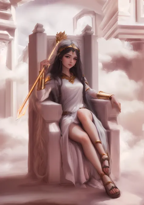((best quality)), ((masterpiece)), ((realistic)), (detailed), painting of a woman sitting on a throne with a sword, the goddess hestia, beautiful goddess, goddess of greek mythology, portrait of a beautiful goddess, greek goddess athena, a beautiful fantas...