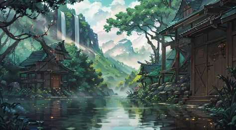 Hot springs, water vapor, waterfalls, ancient Chinese times, spring, jungle, lake, cave, tree, meadow, (illustration: 1.0), epic composition, realistic lighting, HD details, masterpiece, best quality, (very detailed CG unified 8k wallpaper) --auto