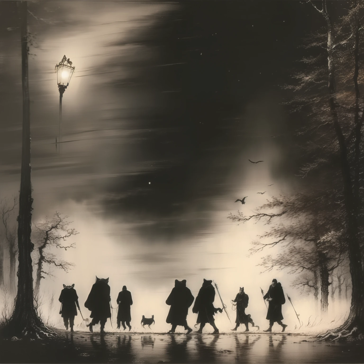 Dead people walking towards an owl-shaped light, arte conceitual