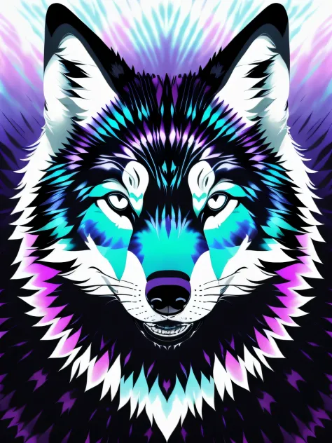 Vector-art of a (wolf tie dye design with a rainbow color scheme: 1.3). The wolf can be portrayed with a majestic and regal posture, and its fur can showcase a seamless gradient of the rainbow colors. Use soft and pastel tones for a harmonious and gentle l...