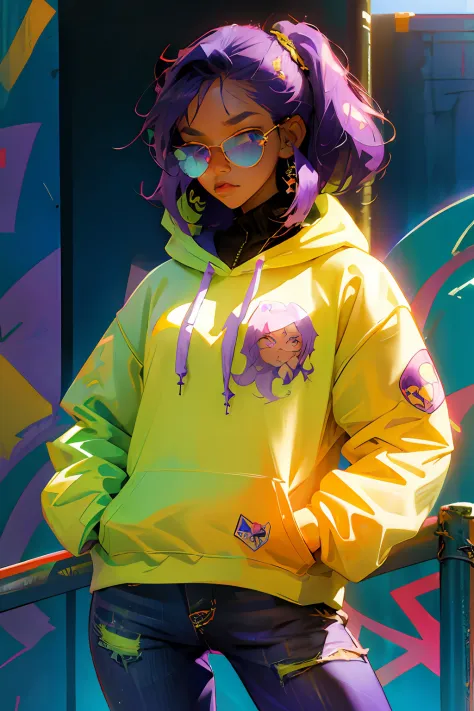 Beautiful girl, wearing hoodie, wearing sun glasses, purple blue hair, Anime style slime punk, graffitipaint on the background, ...