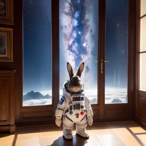 masterpiece, best quality, 8K, colorful, photorealistic, HDR, high detail, wallpaper, rabbit, space suit, spaceship, window, nebula, full body