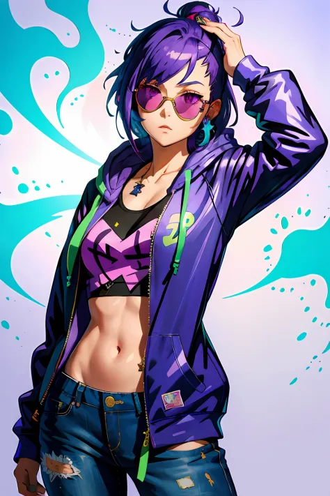 Beautiful girl, wearing hoodie, wearing sun glasses, purple blue hair, Anime style slime punk, graffitipaint on the background, ...