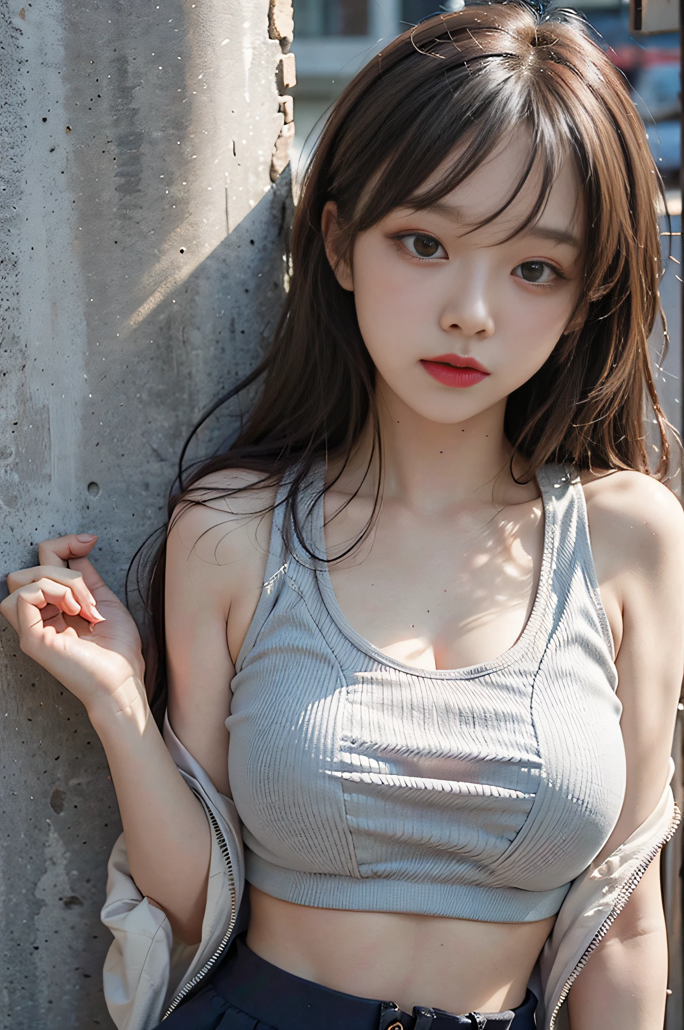 20-year-old cool Korean, big round breasts, cleavage, cropped tank top,  skirt - SeaArt AI