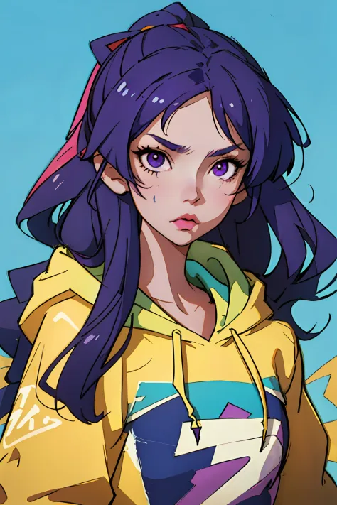 beautiful girl, wearing hoodie, wearing sun glasses, purple blue hair, anime style slime punk, graffitipaint on the background, ...