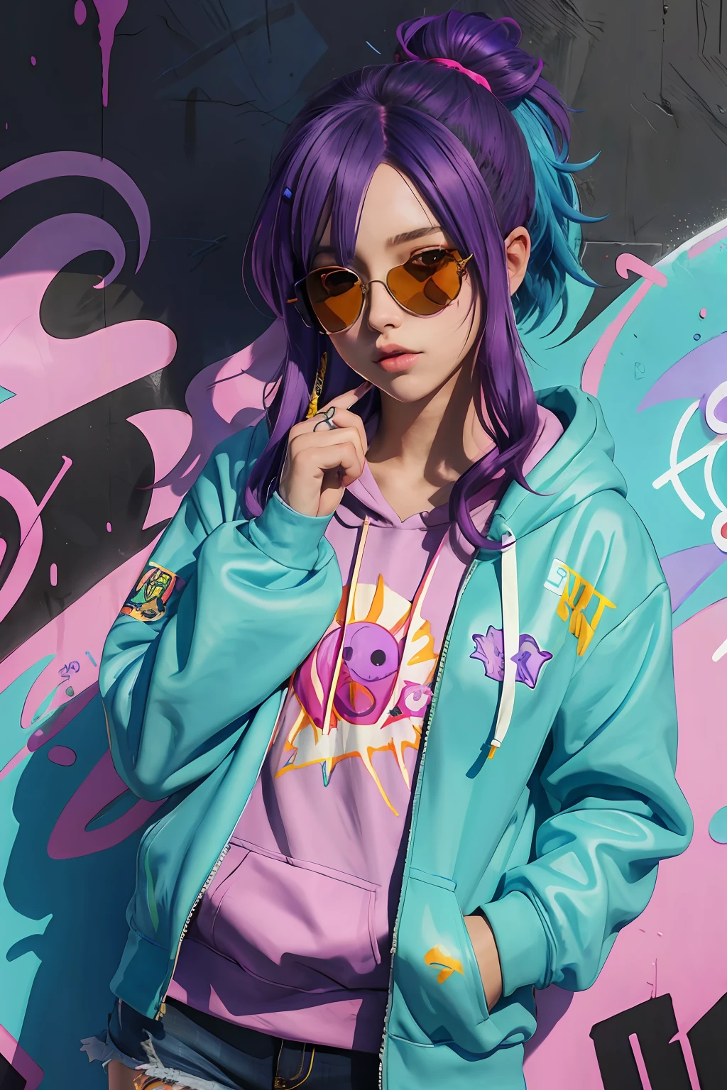 Beautiful girl, wearing hoodie, wearing sun glasses, purple blue hair, Anime style slime punk, graffitipaint on the background, correct anatomy, correct form, highly detailed, high quality, best resolution, 8k, HD, trending on artstation, masterpiece