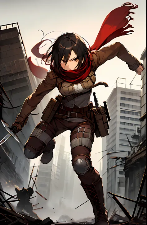 masterpiece,best quality,1girl,mikasa_ackerman,Red scarf,sky,gloomy,Combat posture,Action art,Aim at the enemy,Face full of murd...