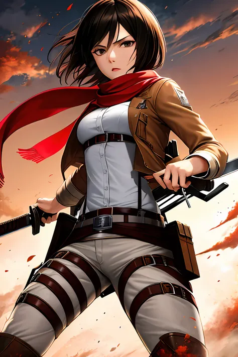 mikasa_ackerman, scarf, jacket, thigh strap, paradis military uniform ...