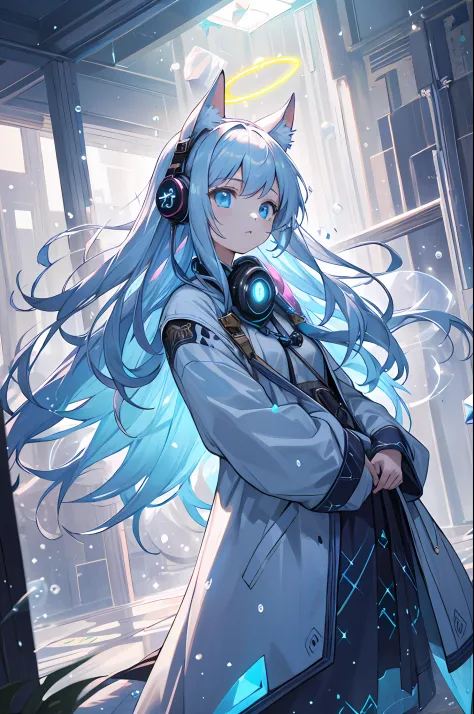 (masterpiece, best quality), intricate details, 1girl, pointy long animal ears, tail, bubbles, soapy bubles, prisms, lighting effect, floating halo glowing over her head, godly, comfy clothes, modern outfit, in an abandoned room,hand in pocket, headphones,...