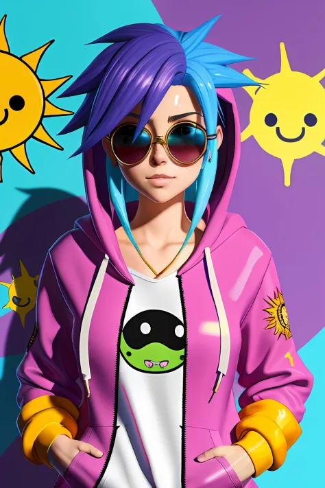 beautiful girl, wearing hoodie, wearing sun glasses, purple blue hair, anime style slime punk, graffitipaint on the background, ...