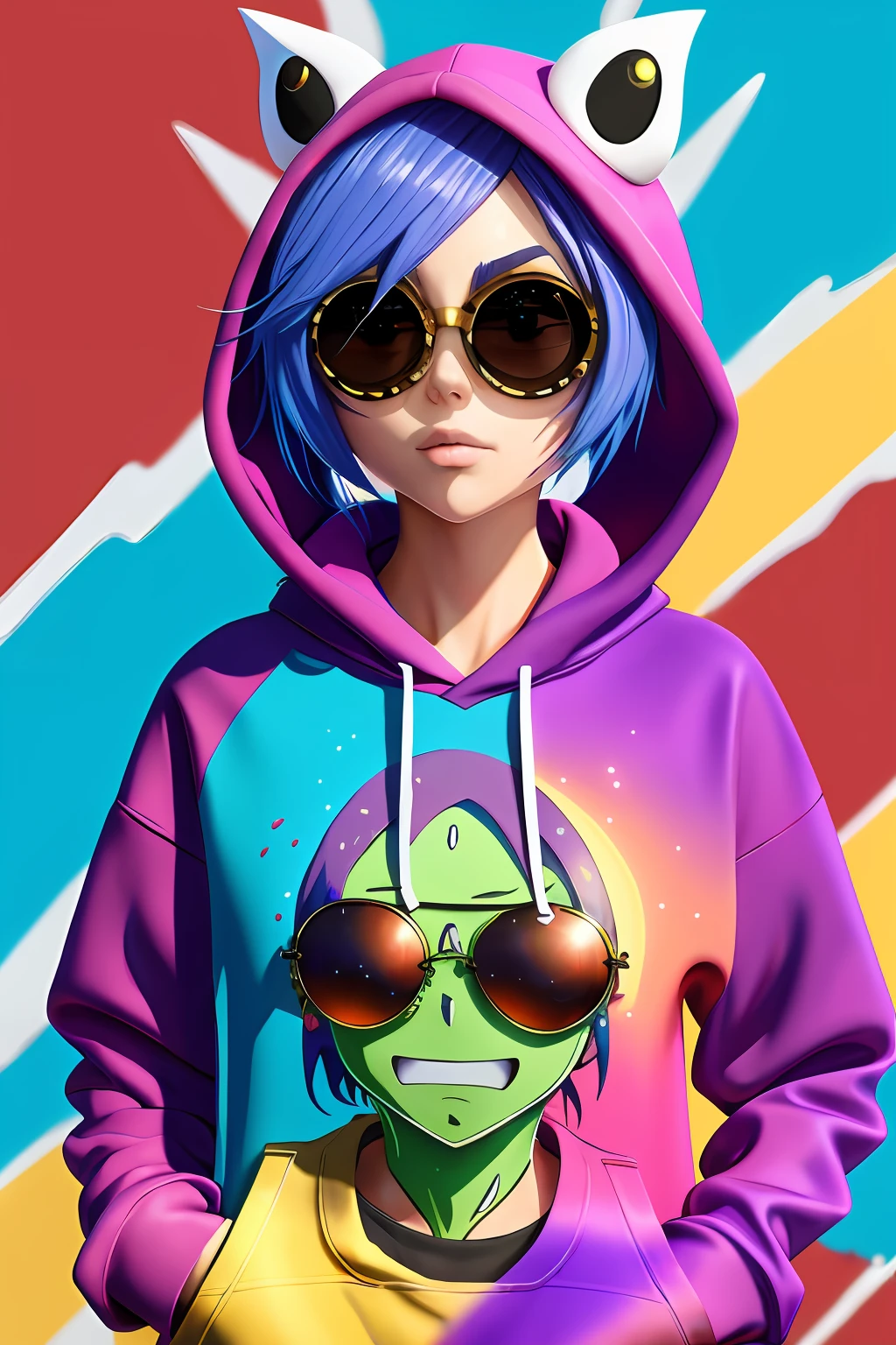 Beautiful girl, wearing hoodie, wearing sun glasses, purple blue hair, Anime style slime punk, graffitipaint on the background, correct anatomy, correct form, highly detailed, high quality, best resolution, 8k, HD, trending on artstation, masterpiece