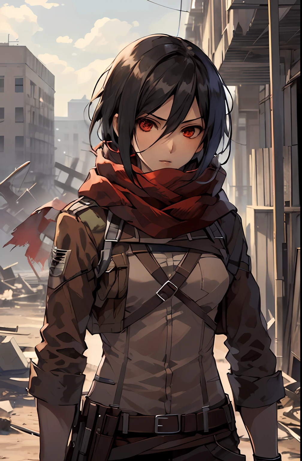 gpO\,Meilleure qualité,1fille,mikasa_ackerman,écharpe rouge,paradis,sombre,position de combat,Art d&#39;action,Viser l&#39;ennemi,Visage plein de regard meurtrier,gangue gauche,butyrique,arme,minimalisme,art d&#39;impact,ruines,