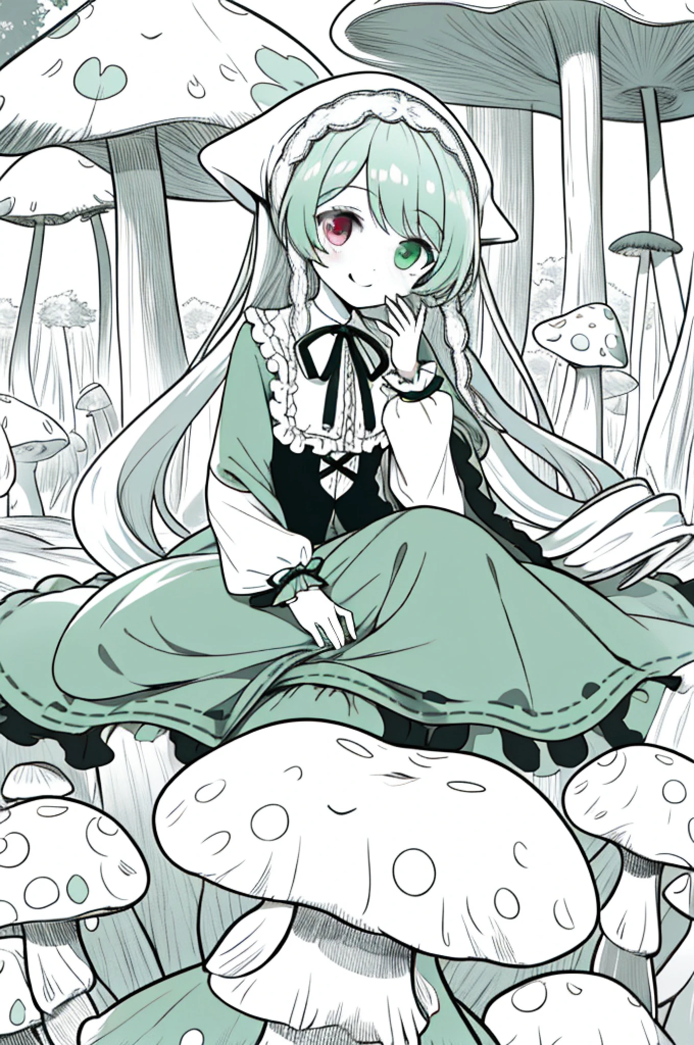 1girl instead of a face sits at a laptop mushroom forest, solo, smile, suiseiseki, bonnet, head scarf, heterochromia, green dress, neck ribbon, twin drills,