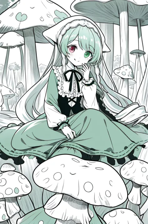1girl instead of a face sits at a laptop mushroom forest, solo, smile, suiseiseki, bonnet, head scarf, heterochromia, green dres...