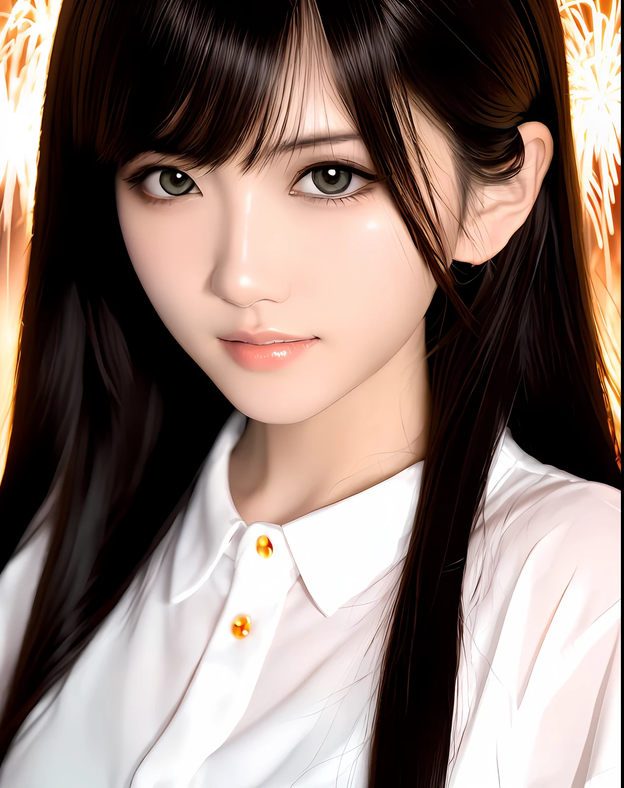 best qualtiy， 1girll， solo， Close-up avatar。white short sleeve，exquisitedetails，Perfect details，sideface，White shirt，short detailed hair，largeeyes，Black eyes，Sparkle，edge lit，long eyelasher，Based on physical rendering，adolable，Lateral face，with a round face，ssmile，Close-up portrait of a girl，8k,8k high quality detailed art, Beautiful 2D portrait,firework background，Extremely quality，tmasterpiece，Need，Overlooking Chang'an, Never sleep，Fireworks heads