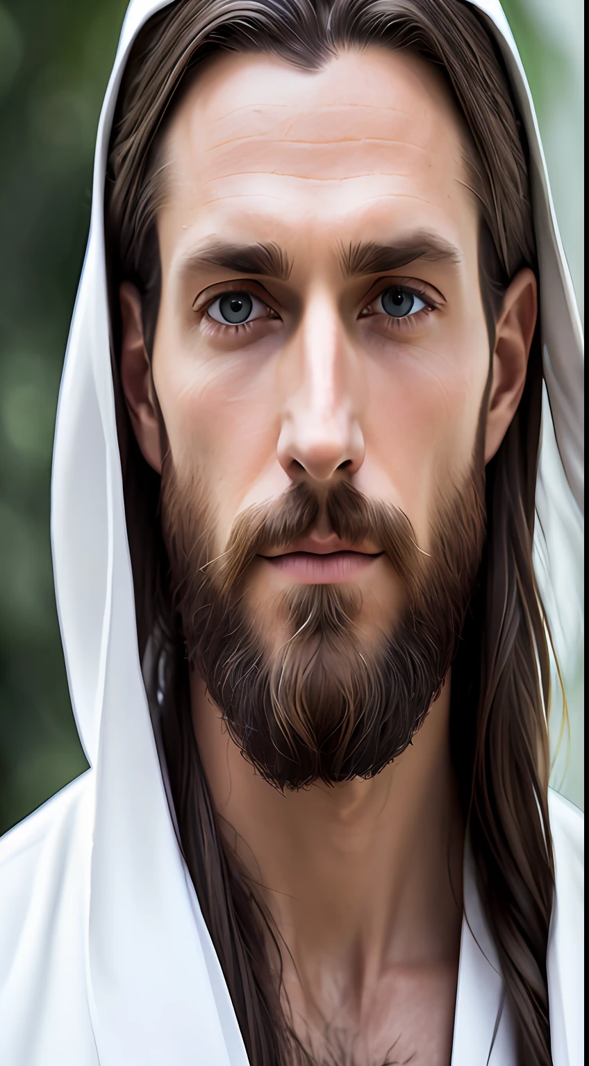 (symmetry),centered,a ((close)) up portrait,(Jesus),a very thin white man with long hair and a beard,wearing a long white robe,35mm,natural skin,clothes  detail, 8k texture, 8k, insane details, intricate details, hyperdetailedhighly detailed,realistic,soft cinematic light,HDR,sharp focus, ((((cinematic look)))),intricate, elegant, highly detailed