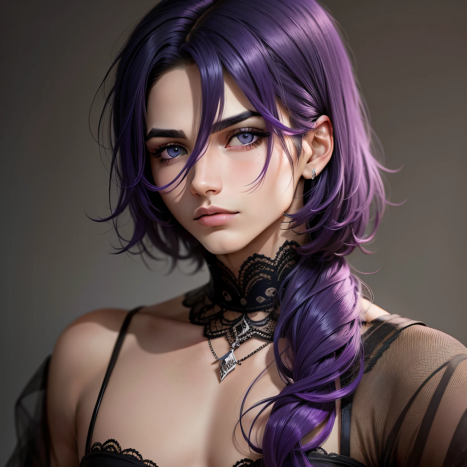 A close up of a woman with purple hair and a choke - SeaArt AI