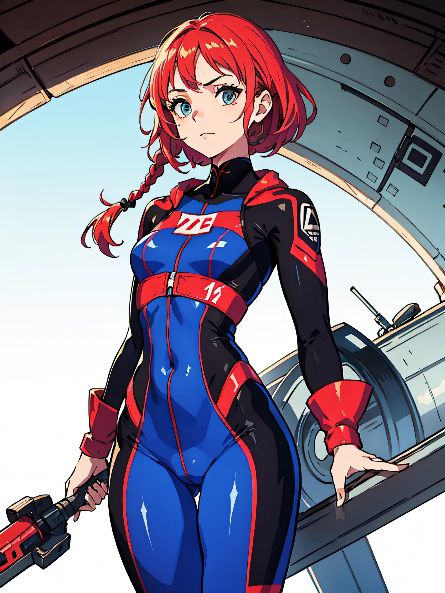 A close up of a woman in a red and blue suit holding a gun - SeaArt AI