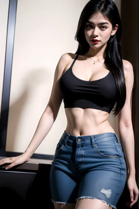 arafed asian woman in a black bra top and jean jacket, with large huge breasts size, open v chest clothes, sexy girl, sexy :8, photo of slim girl model, revealing clothes, open shirt, low cut top, photo of slim girl, beautiful sexy woman photo,