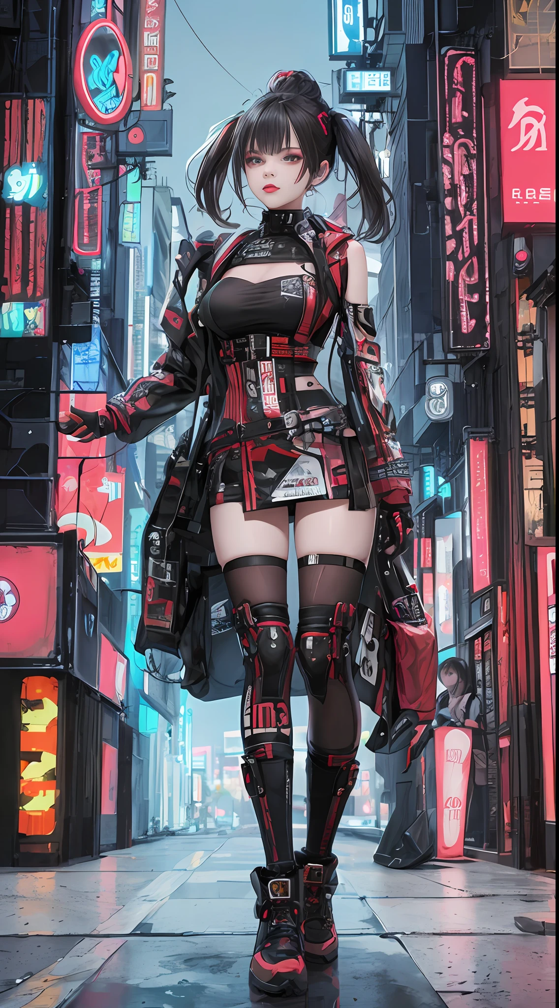 chef-d&#39;œuvre, Meilleure qualité, 1 fille cyberpunk, Prise de vue complète du corps, regarder le spectateur, fille cyberpunk confiante avec une expression impertinente, Tenue pop d&#39;inspiration Harajuku, couleurs et motifs audacieux, des accessoires accrocheurs, coiffure tendance et innovante, maquillage vibrant, Paysage urbain éblouissant Cyberpunk, grattes ciels, enseignes au néon, lumières LED, palette de couleurs vives et vives, animé, illustration, texture de peau détaillée, texture de tissu détaillée, beau visage détaillé, détails complexes, ultra détaillé.