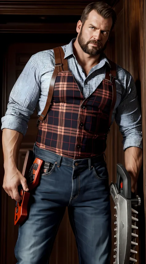 Photorealistic, final render, real, realistic, a tall muscular lumberjack in a chequered shirt, suspenders and jeans, holding a ...